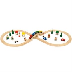 Afbeeldingen van Bigjigs", "houten treinset", "BJT012", "40-delig" en "achtvormige treinbaan"