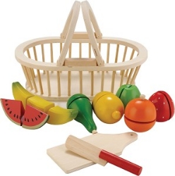 Afbeeldingen van Fruit snijset in houten mandje New Classic Toys