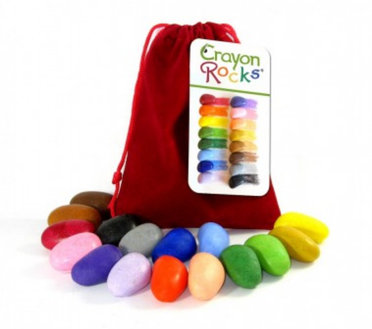 crayon rocks, vetkrijt, wasco, 16 kleuren, rood velours zakje, duurzaam, speelgoed