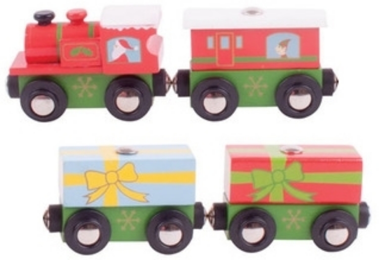 Afbeeldingen van Kersttrein 3 wagons houten treinbaan Bigjigs