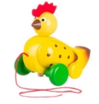 Afbeeldingen van trekfiguur kip, geel met zwarte spikkels
