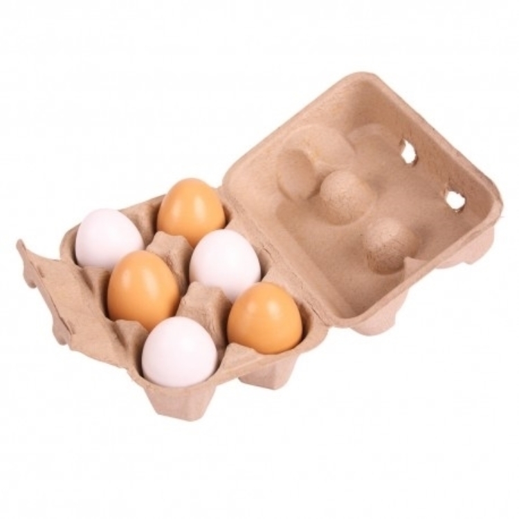 BJ-BJ711 Eierdoosje, 6 witte/bruine houten speel-eieren Bigjigs