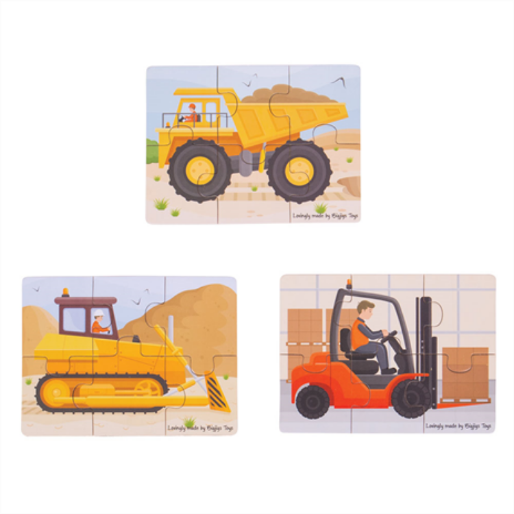 Afbeeldingen van 3 Puzzels van 6 stukjes Werkvoertuigen 2jr+ Bigjigs