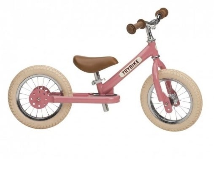 Trybike Steel 2-in-1 loopfiets Vintage Roze met luchtbanden, verstelbaar zadel en stalen frame – geschikt voor kinderen van 15 maanden tot 6 jaar.