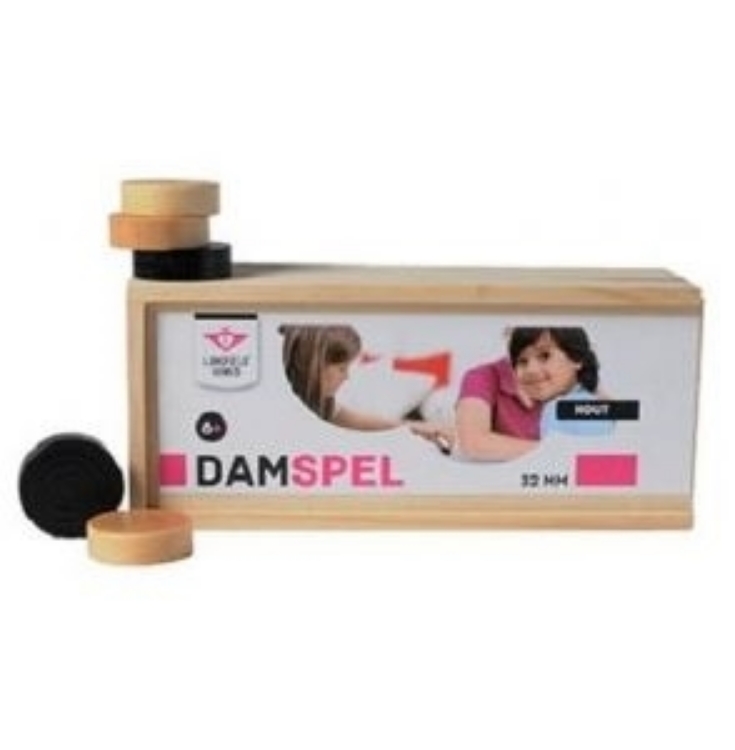Afbeeldingen van Damstenen, zwart en naturel essenhout, in houten kist, ⌀ 30 mm