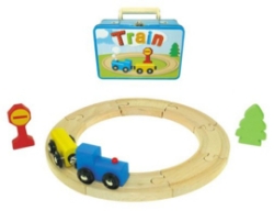 Afbeeldingen van Houten treinsetje in blikken koffertje