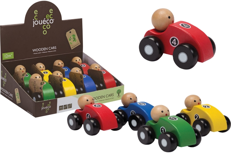 Afbeeldingen van Houten auto 4 kleuren assorti - vanaf 12M - Joueco