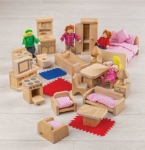 Afbeeldingen van Blank houten poppenhuis meubelset Bigjigs, zeer compleet met 4 bewoners