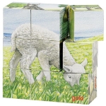 Afbeeldingen van Kubus- blokkenpuzzel hout 9 blokjes jonge boerderijdieren Goki