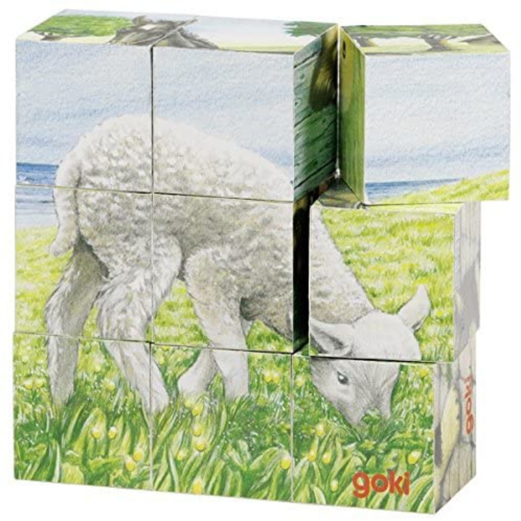 Picture of Kubus- blokkenpuzzel hout 9 blokjes jonge boerderijdieren Goki