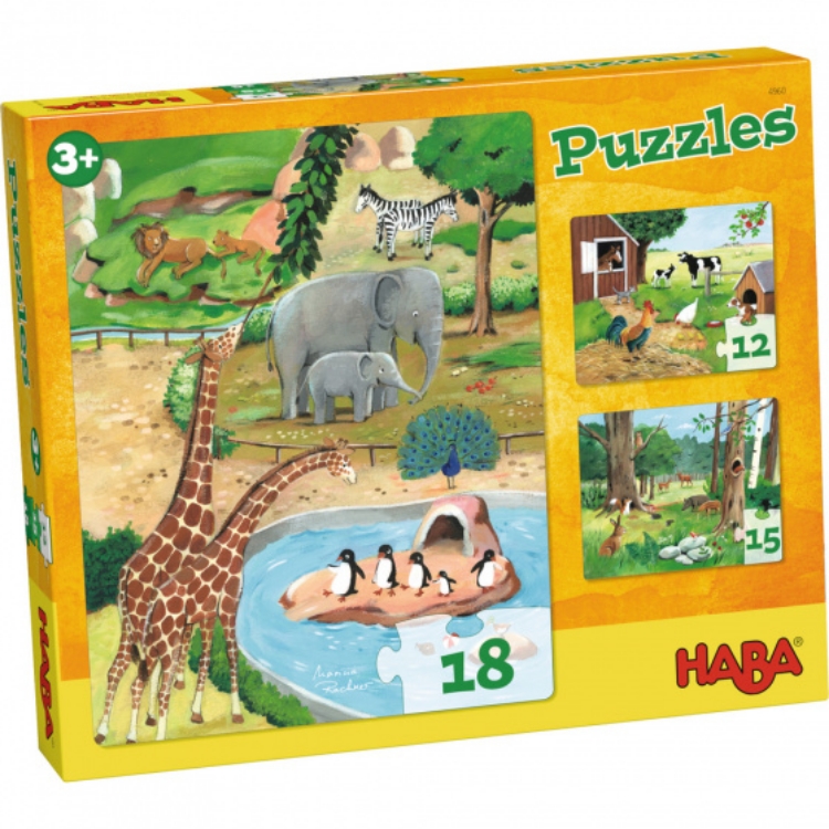 Afbeeldingen van Puzzeldoos Dierenpuzzels, 12, 15 en 18 stukken  Haba
