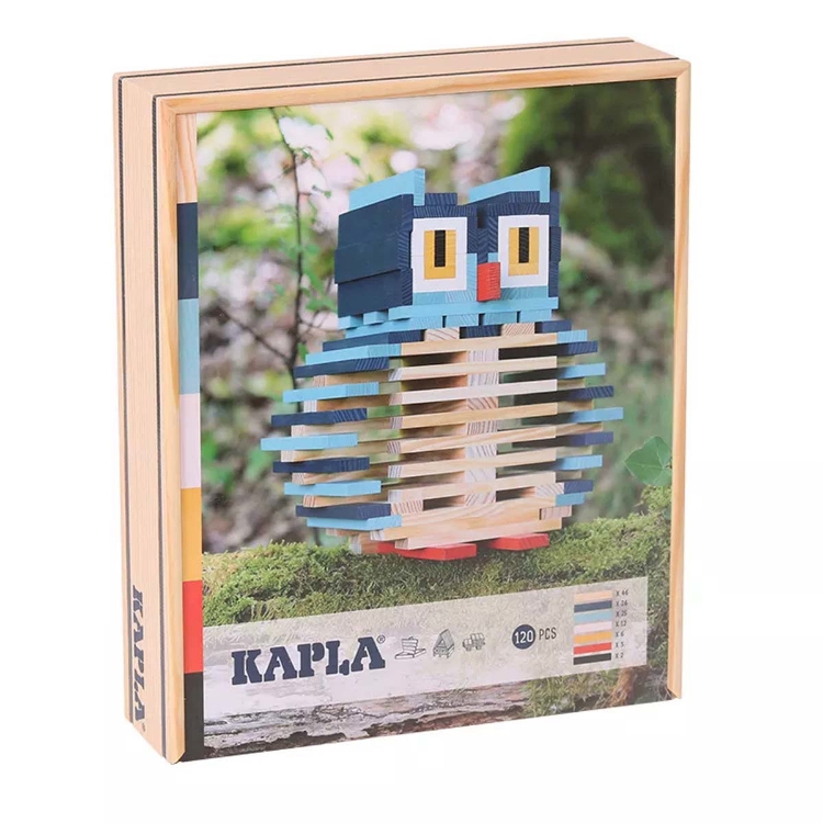 Afbeeldingen van Kapla, Uil 120  plankjes in kist naturel, blauw, geel, rood, zwart