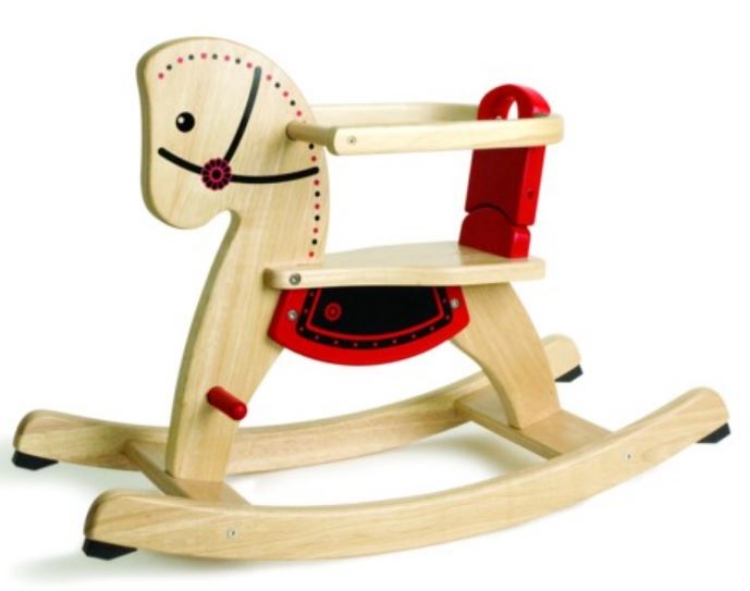 Bild von Hobbelpaard naturel Rubberhout met rood en zwart. Pintoys