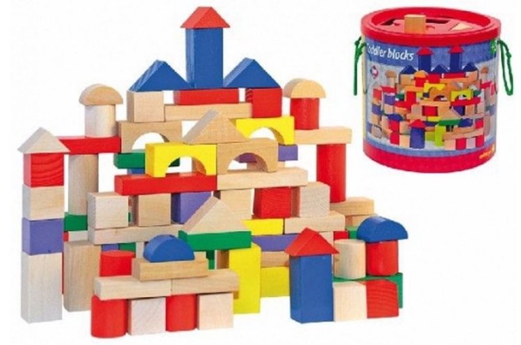 Afbeeldingen van Blokken hout naturel en gekleurd 100 stuks Woody