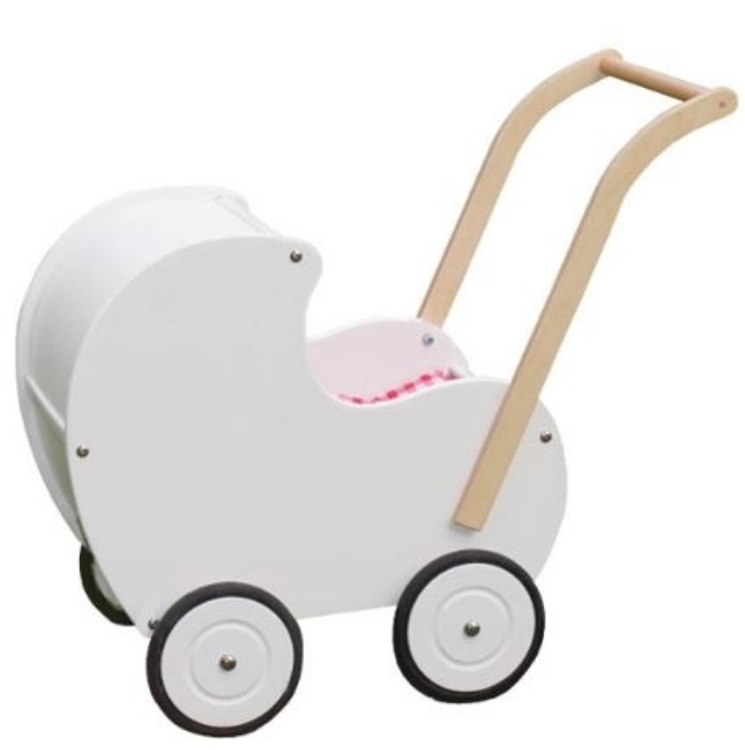 Afbeeldingen van Poppenwagen hout vintage wit hout Van Dijk Toys