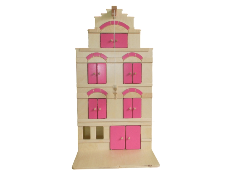 Image de Professioneel Houten Speelpakhuis-Grachtenpand Roze/Naturel Hout – Speelhuis met Takel, Van Dijk Toys