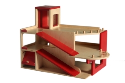 Van Dijk Toys Houten Garage – 2 verdiepingen met lift, rood/naturel – 2+ Jaar