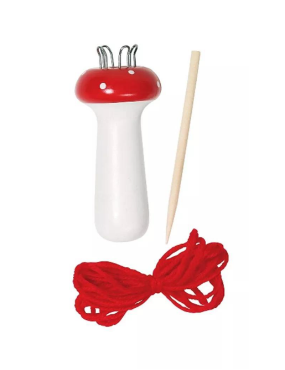 Bild von punnik klosje paddenstoel met rood garen en beschrijving 