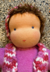 Image de SALE!!!  Pop Antroposofisch Lieselotje roze Nicky velours kort bruin haar haarband en vestje gebreid  28 cm