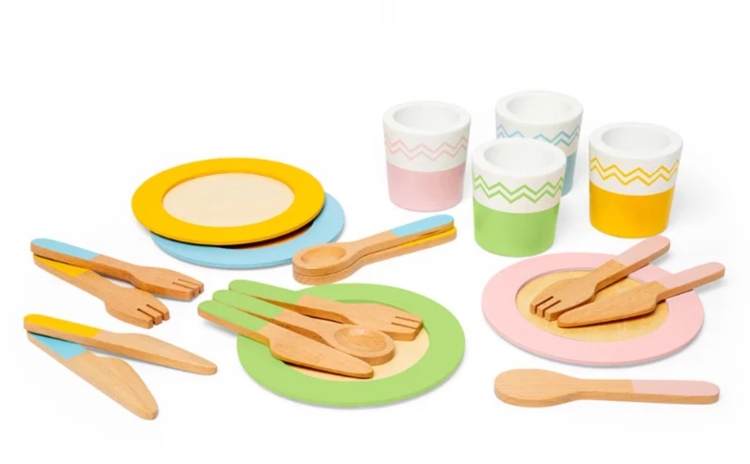 Afbeeldingen van Dinner Servies Set-voor-4 hout FSC 100% - Bigjigs - 18mnd+