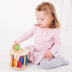 Afbeeldingen van Houten Rollende Vormenstoof-Sorteerbox, 6 vormen/kleuren - Bigjigs - Vanaf 1 jaar