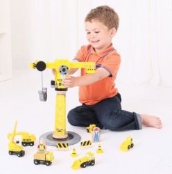 Image de Bigjigs Rail Hijskraan & Bouwvoertuigen – Houten Treinbaan – 3 jaar+
