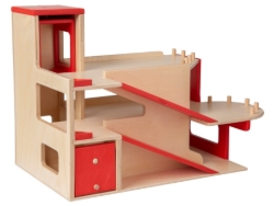Van Dijk Toys Houten Garage – 2 verdiepingen met lift, rood/naturel – 2+ Jaar