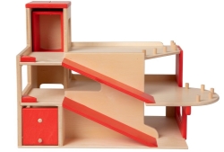 Van Dijk Toys Houten Garage – 2 verdiepingen met lift, rood/naturel – 2+ Jaar