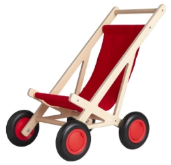 Van Dijk Toys Poppenbuggy – Naturel Hout met Rode bekleding – 2jr+