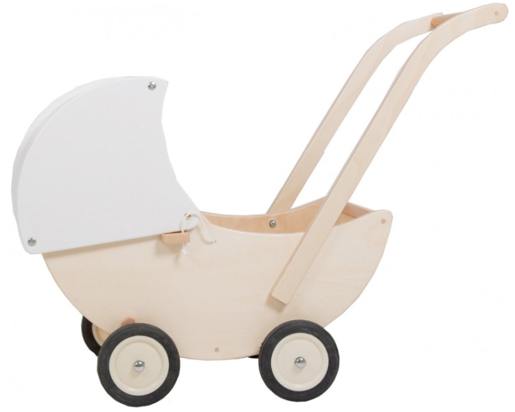 Van Dijk Toys Houten Poppenwagen – Naturel/Wit – Beweegbare Kap – Vanaf 1,5 jaar