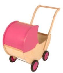 Van Dijk Toys Houten Poppenwagen – Naturel met Fucia Roze Kap – Vanaf 1,5 jaar