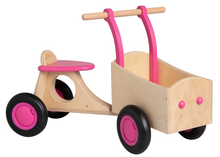 Van Dijk Toys Houten Bakfiets Naturel/Roze – Vierwieler Kinderloopfiets – Vanaf 1 jaar