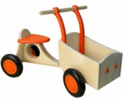 Van Dijk Toys Houten Bakfiets Naturel/Oranje – Vierwieler Kinderloopfiets – Vanaf 1 jaar