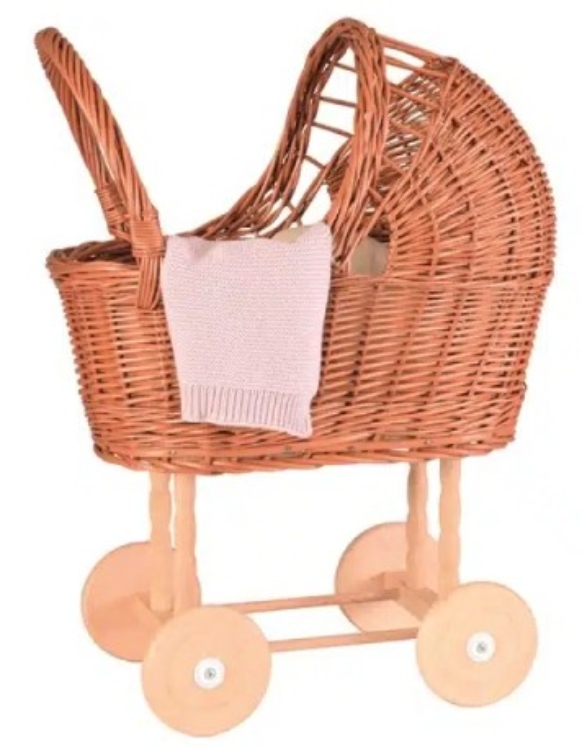 Bild von Egmont Toys - Rieten Poppenwagen met Vaste Kap & Gebreid Dekentje.