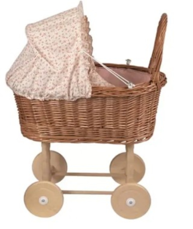 Bild von Egmond toys -  Rotan Poppenwagen met stoffen kap met lieveheersbeestjes en gebreid dekentje. Houten onderstel en wielen