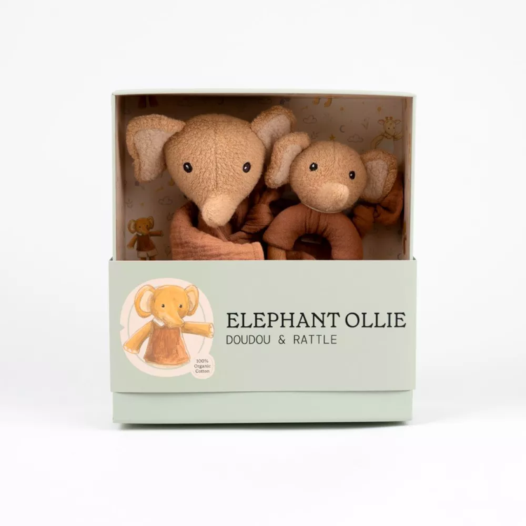 ET120817 Egmont olifant Ollie knuffeldoekje + rammelaar duurzaam speelgoed 4