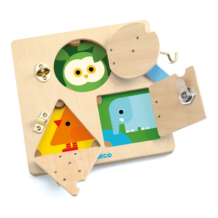 Djeco LockBasic – Houten Slotjesbord met 3 Sluitingen - vanaf 3 jaar