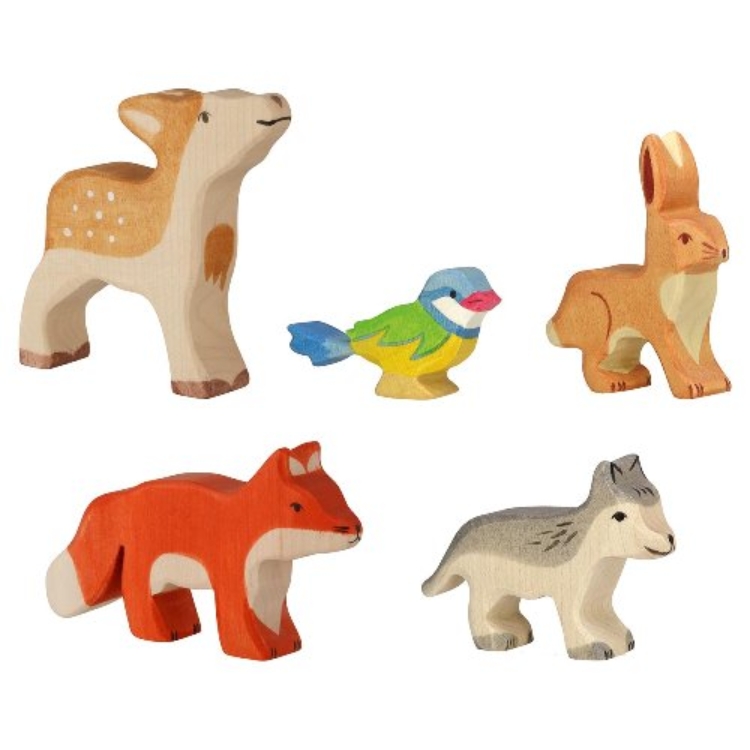 Holztiger Cadeauset Houten Bosdieren (5-delig) Wolf, Vos, Hert, Vogel, Haas